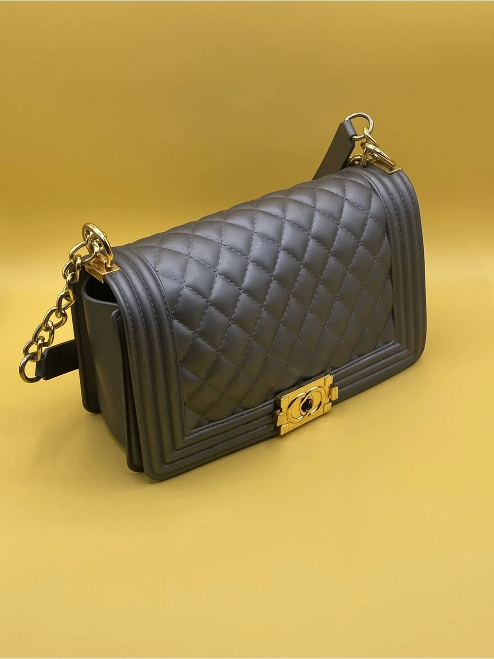 Quilted Rubber Chain Shoulder Bag in Dark Gray with Gold Hardware - Picture 2 of 4